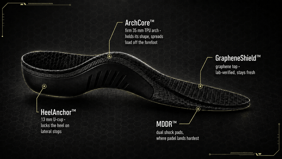 SOLVIX four systems - ArchCore arch, HeelAnchor heel, MDDR pads, GrapheneShield top