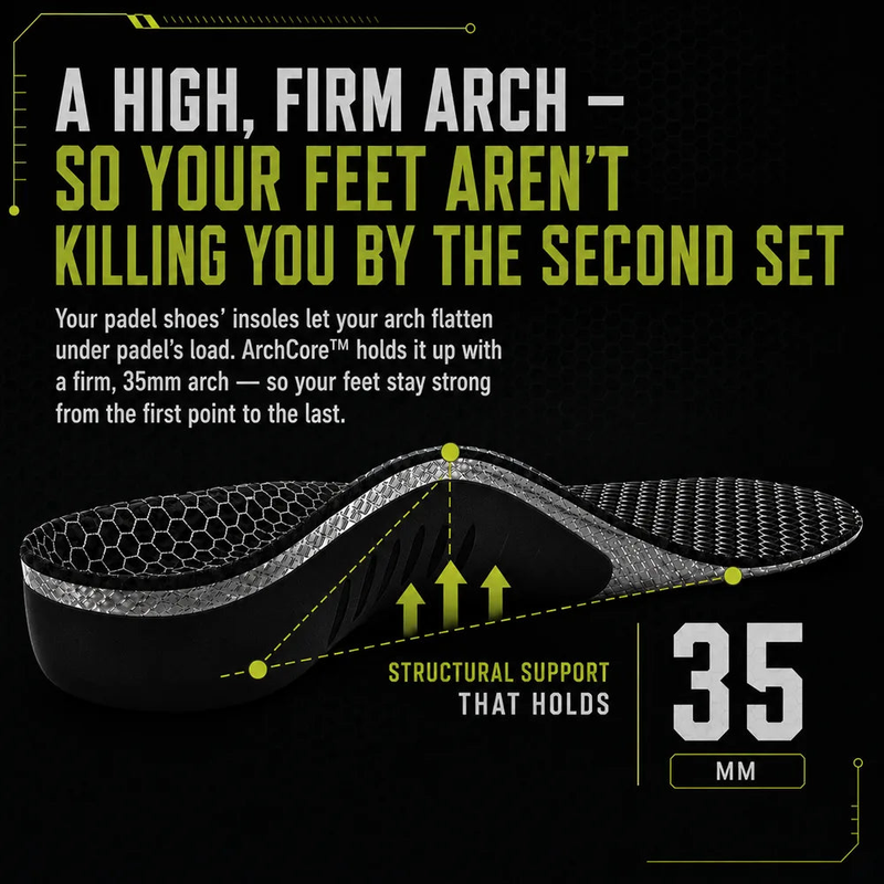 Side profile of the SOLVIX 35mm structural arch, the firm support that holds under padel's lateral load