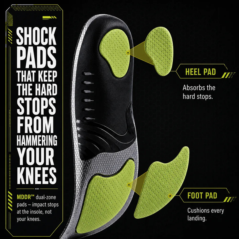 SOLVIX MDDR shock pads at the heel and forefoot, positioned to absorb hard stops and landings