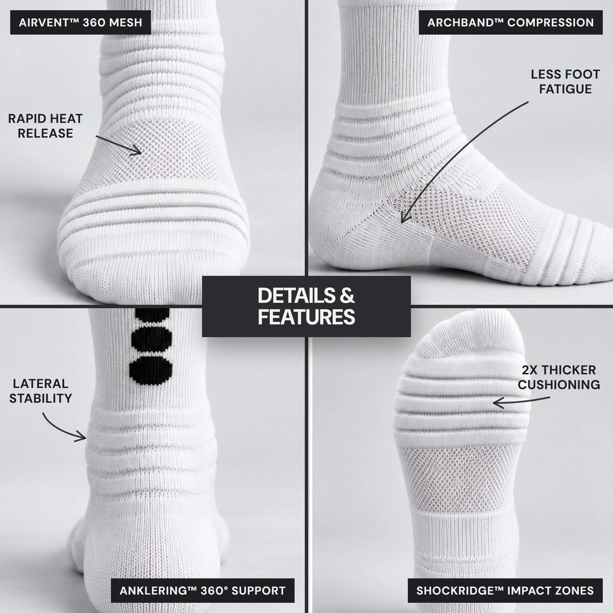 Details and features on a real foot: AirVent 360 mesh, ArchBand compression, AnkleRing 360° support, ShockRidge impact zones