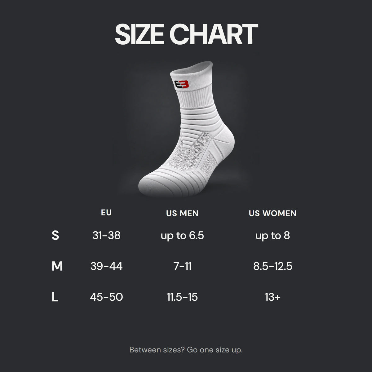 Size chart: S EU 31-38, M EU 39-44, L EU 45-50