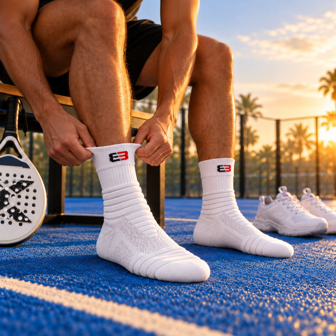 A padel player on a courtside bench pulling up a white CourtMatrix crew sock, racket and padel shoes beside the bench