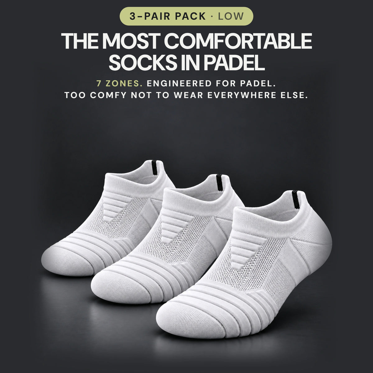 Three white CourtMatrix Low padel socks, a 3-pair pack. The most comfortable socks in padel: 7 zones, engineered for padel, too comfy not to wear everywhere else