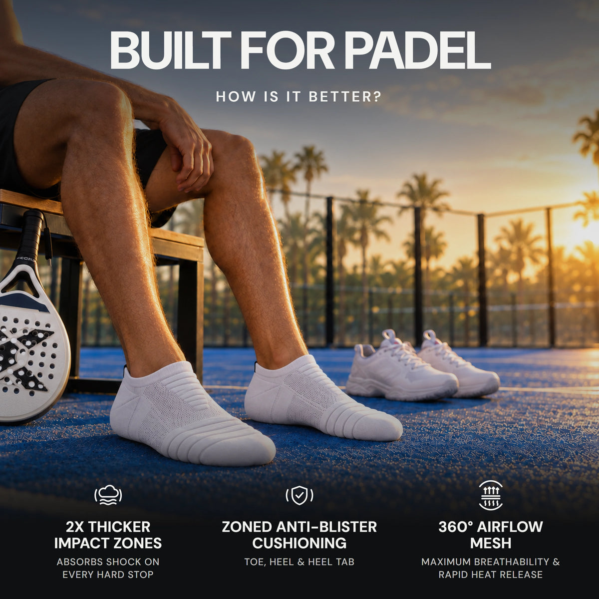 Built for padel, how is it better: 2x thicker impact zones, zoned anti-blister cushioning, 360° airflow mesh. A player on a courtside bench in the white Low socks