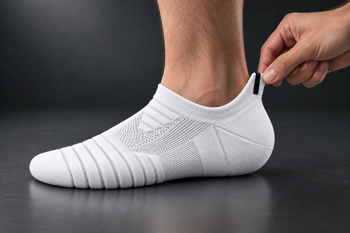 Fingers pinching the padded heel tab of the white CourtMatrix Low sock