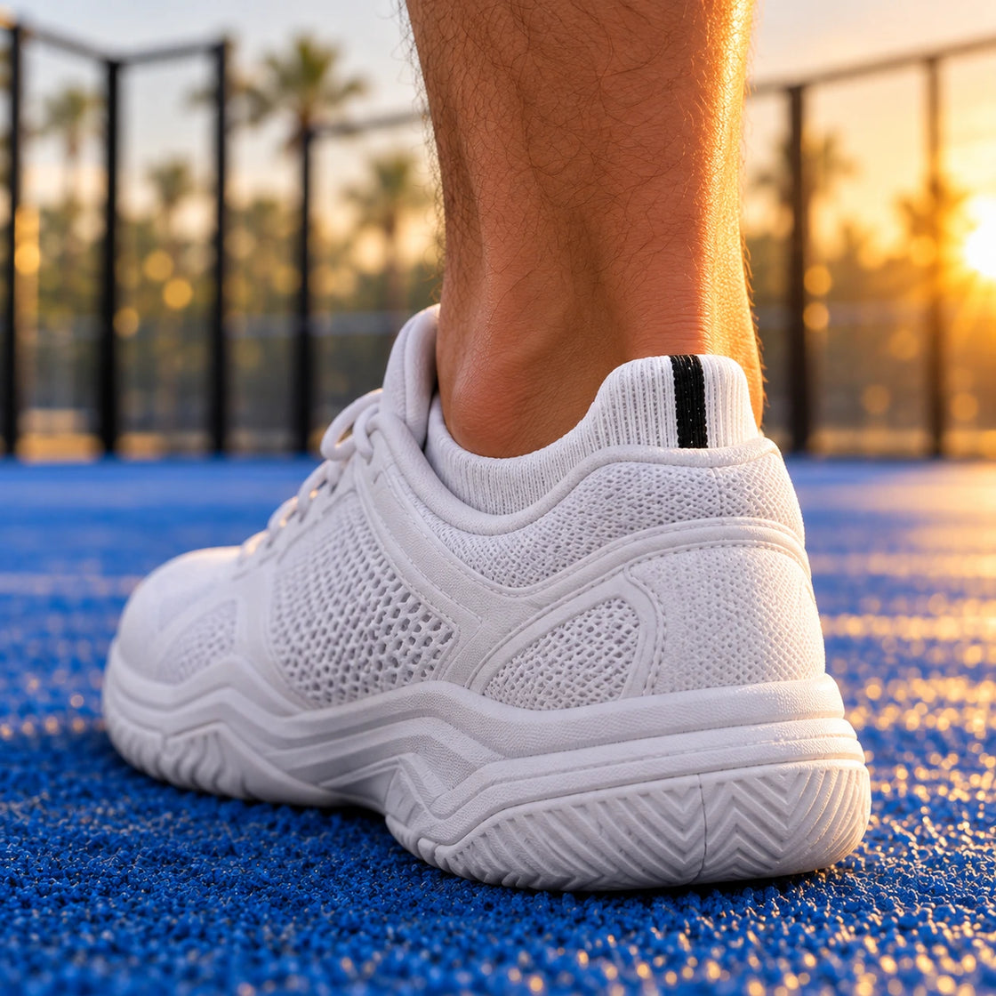 A white CourtMatrix Low sock inside a padel shoe, the padded heel tab rising above the shoe collar